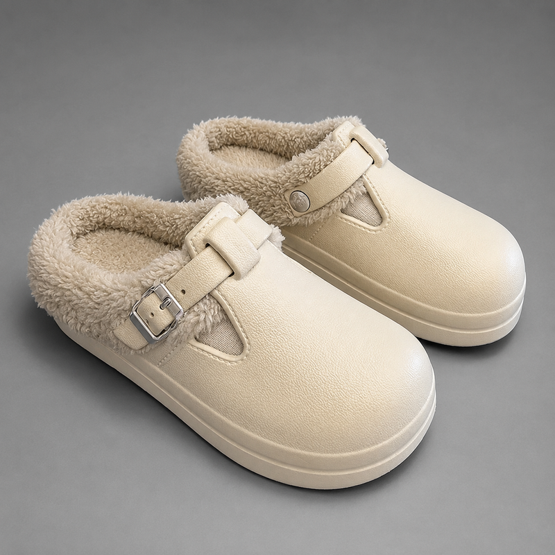 Women's waterproof fur-lined mule slippers with a thick non-slip sole, plush faux fur lining, metal buckle detail and lightweight slip-on design for warm indoor comfort during autumn and winter.