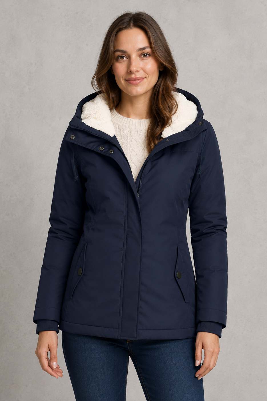 Women's waterproof hooded longline coat with a warm insulated lining, adjustable hood, and elegant longline design, offering reliable all-weather protection for everyday wear, commuting, travel, and outdoor walks.