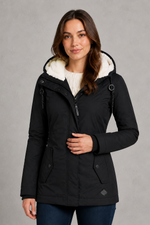 Women's waterproof hooded longline coat with a warm insulated lining, adjustable hood, and elegant longline design, offering reliable all-weather protection for everyday wear, commuting, travel, and outdoor walks.