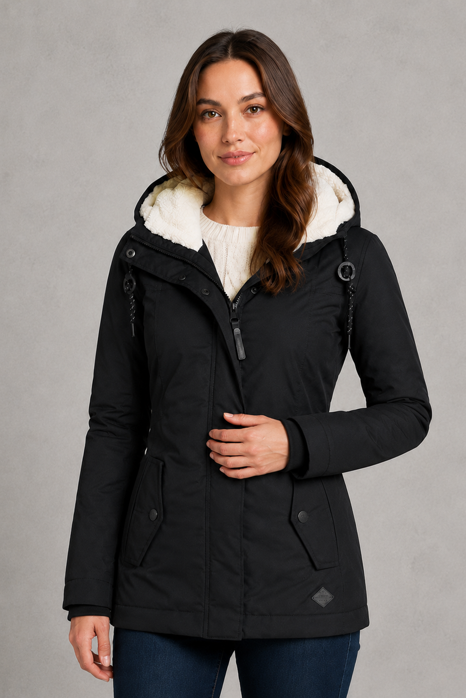 Women's waterproof hooded longline coat with a warm insulated lining, adjustable hood, and elegant longline design, offering reliable all-weather protection for everyday wear, commuting, travel, and outdoor walks.