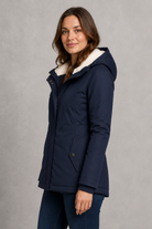 Women's waterproof hooded longline coat with a warm insulated lining, adjustable hood, and elegant longline design, offering reliable all-weather protection for everyday wear, commuting, travel, and outdoor walks.