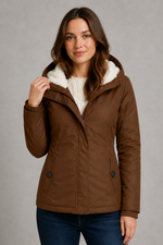 Women's waterproof hooded longline coat with a warm insulated lining, adjustable hood, and elegant longline design, offering reliable all-weather protection for everyday wear, commuting, travel, and outdoor walks.
