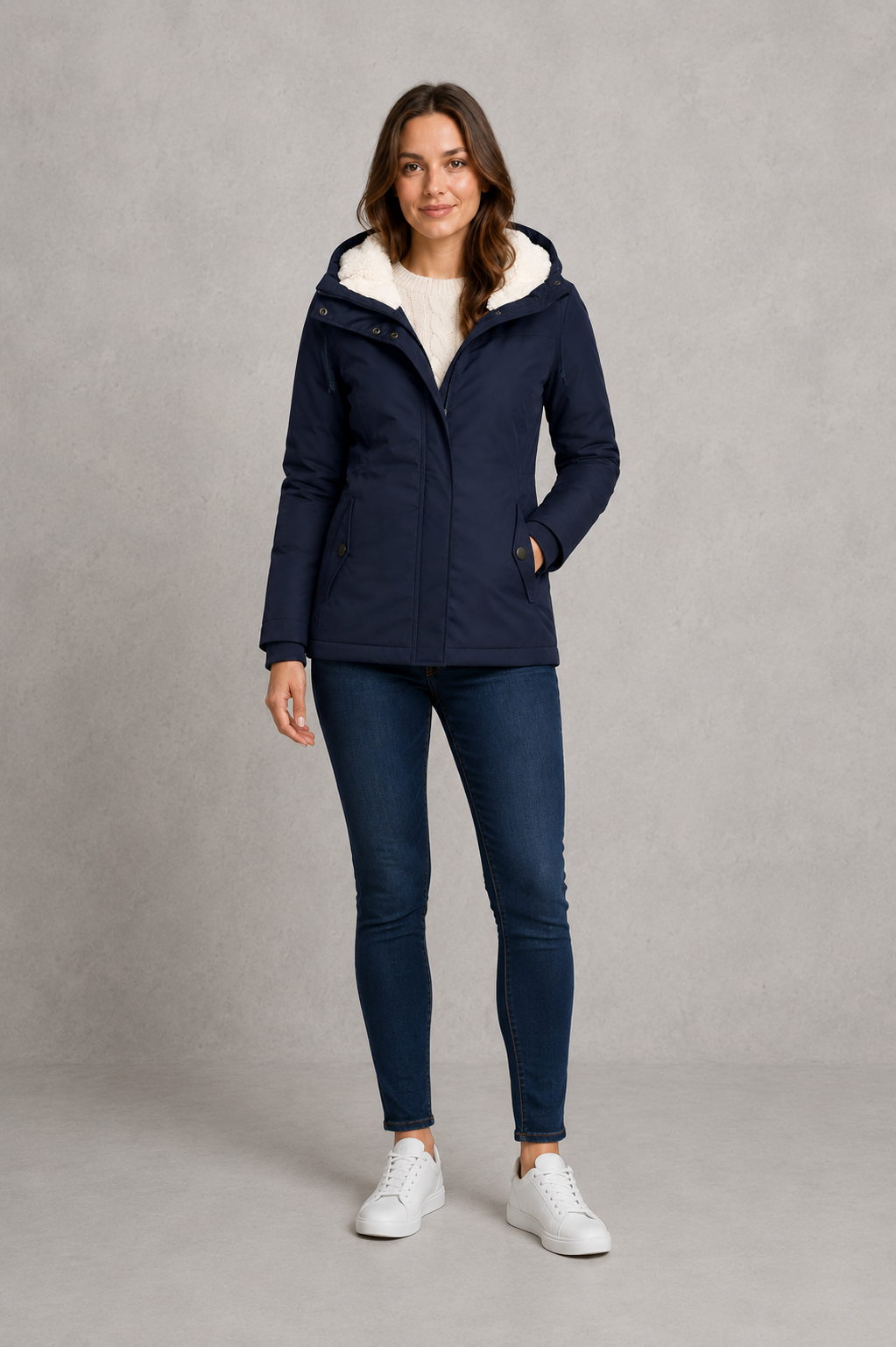 Women's waterproof hooded longline coat with a warm insulated lining, adjustable hood, and elegant longline design, offering reliable all-weather protection for everyday wear, commuting, travel, and outdoor walks.