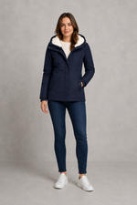 Women's waterproof hooded longline coat with a warm insulated lining, adjustable hood, and elegant longline design, offering reliable all-weather protection for everyday wear, commuting, travel, and outdoor walks.