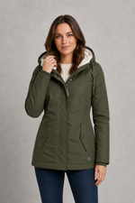 Women's waterproof hooded longline coat with a warm insulated lining, adjustable hood, and elegant longline design, offering reliable all-weather protection for everyday wear, commuting, travel, and outdoor walks.
