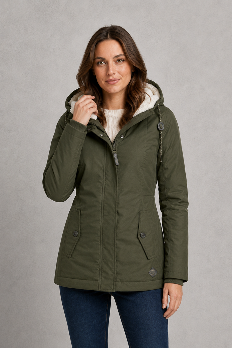 Women's waterproof hooded longline coat with a warm insulated lining, adjustable hood, and elegant longline design, offering reliable all-weather protection for everyday wear, commuting, travel, and outdoor walks.