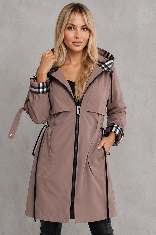Women's waterproof hooded zip coat in a lightweight windproof design with full front zip fastening, tailored fit and weather-resistant fabric, ideal for everyday wear, commuting and rainy UK weather.
