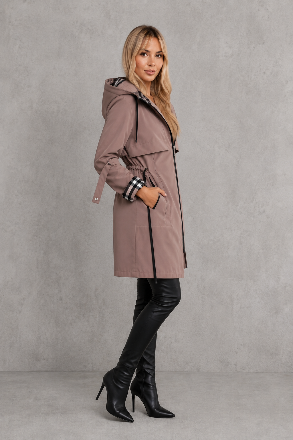 Women's waterproof hooded zip coat in a lightweight windproof design with full front zip fastening, tailored fit and weather-resistant fabric, ideal for everyday wear, commuting and rainy UK weather.