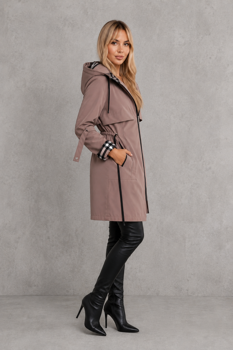 Women's waterproof hooded zip coat in a lightweight windproof design with full front zip fastening, tailored fit and weather-resistant fabric, ideal for everyday wear, commuting and rainy UK weather.