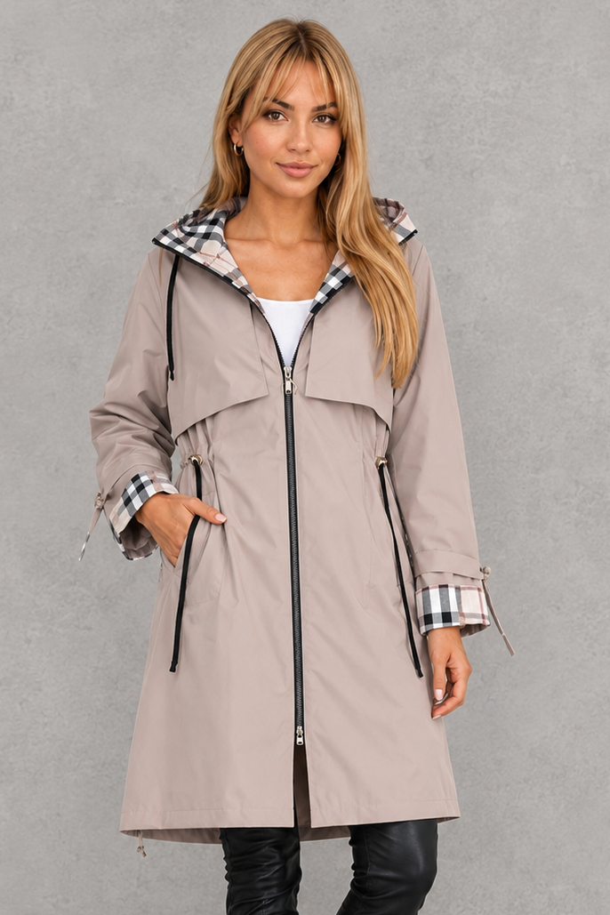 Women's waterproof hooded zip coat in a lightweight windproof design with full front zip fastening, tailored fit and weather-resistant fabric, ideal for everyday wear, commuting and rainy UK weather.