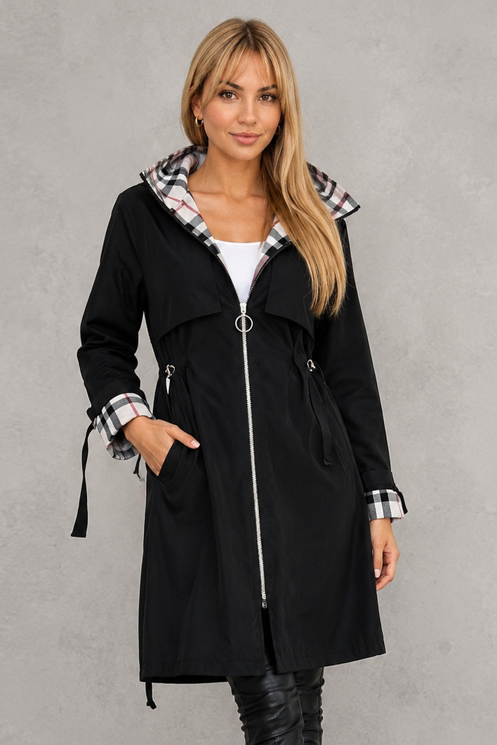 Women's waterproof hooded zip coat in a lightweight windproof design with full front zip fastening, tailored fit and weather-resistant fabric, ideal for everyday wear, commuting and rainy UK weather.