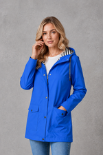 Women's waterproof and windproof hooded coat in a lightweight longline design with adjustable hood, weather-resistant fabric and a flattering regular fit, ideal for everyday wear, commuting and rainy British weather.