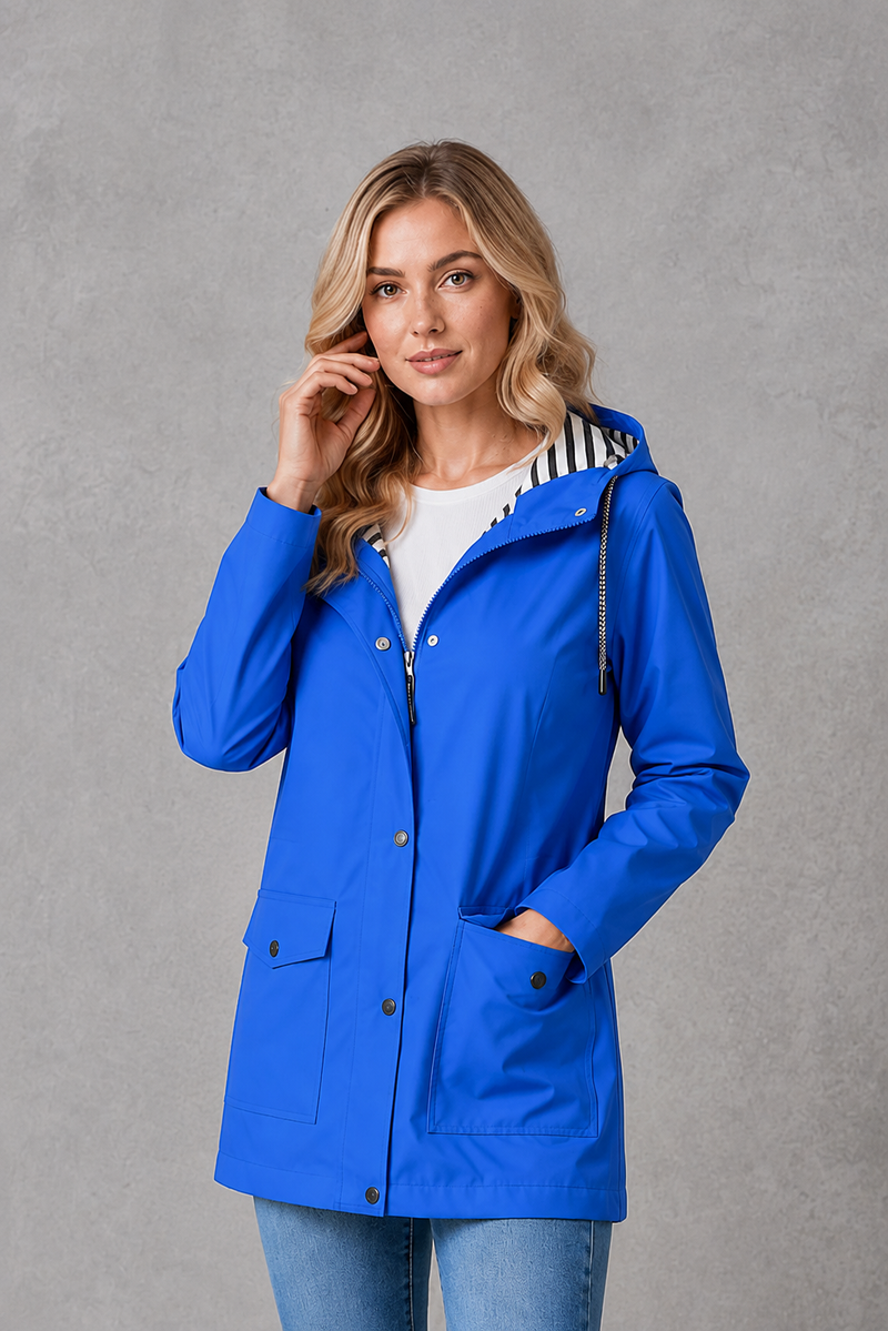 Women's waterproof and windproof hooded coat in a lightweight longline design with adjustable hood, weather-resistant fabric and a flattering regular fit, ideal for everyday wear, commuting and rainy British weather.
