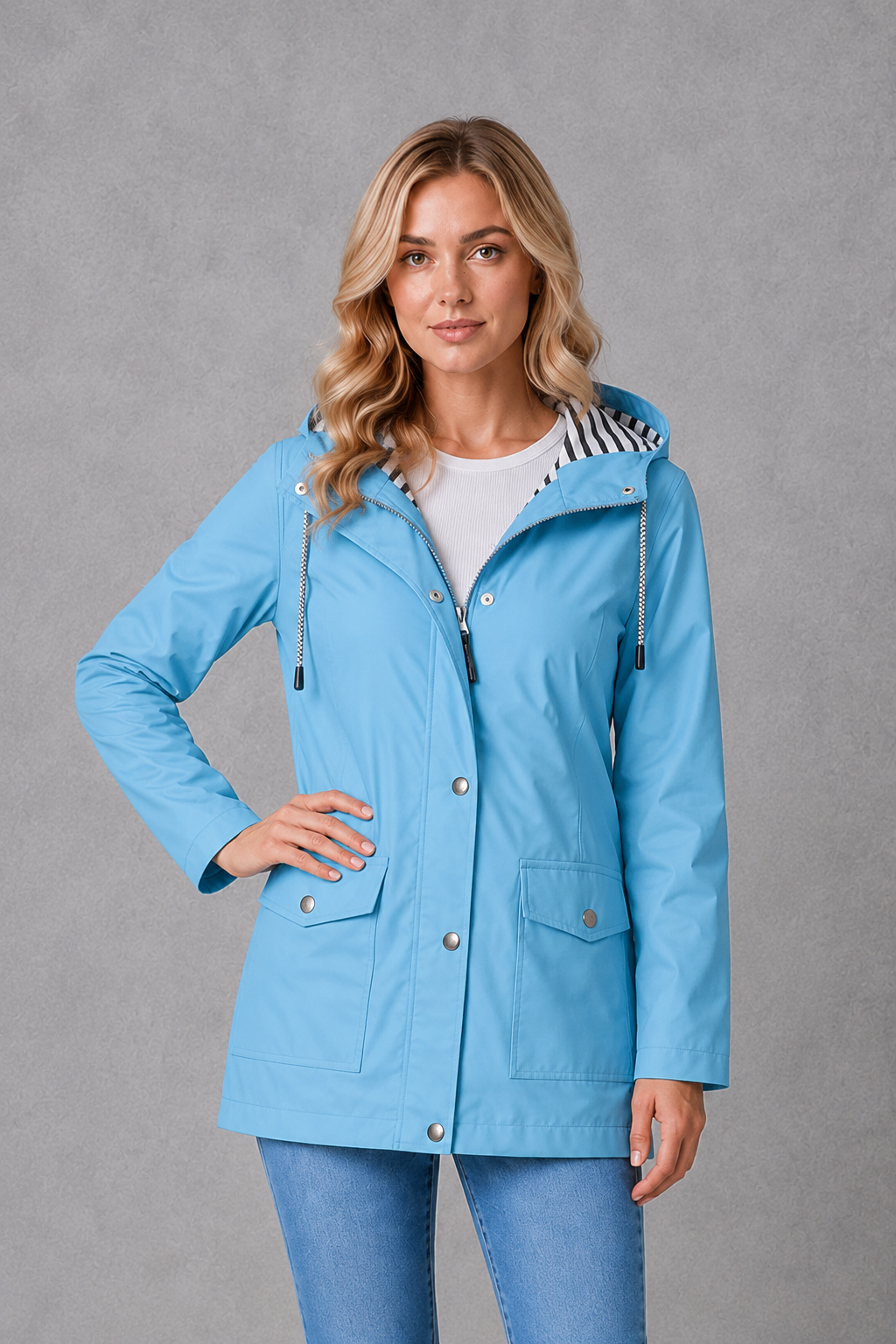 Women's waterproof and windproof hooded coat in a lightweight longline design with adjustable hood, weather-resistant fabric and a flattering regular fit, ideal for everyday wear, commuting and rainy British weather.