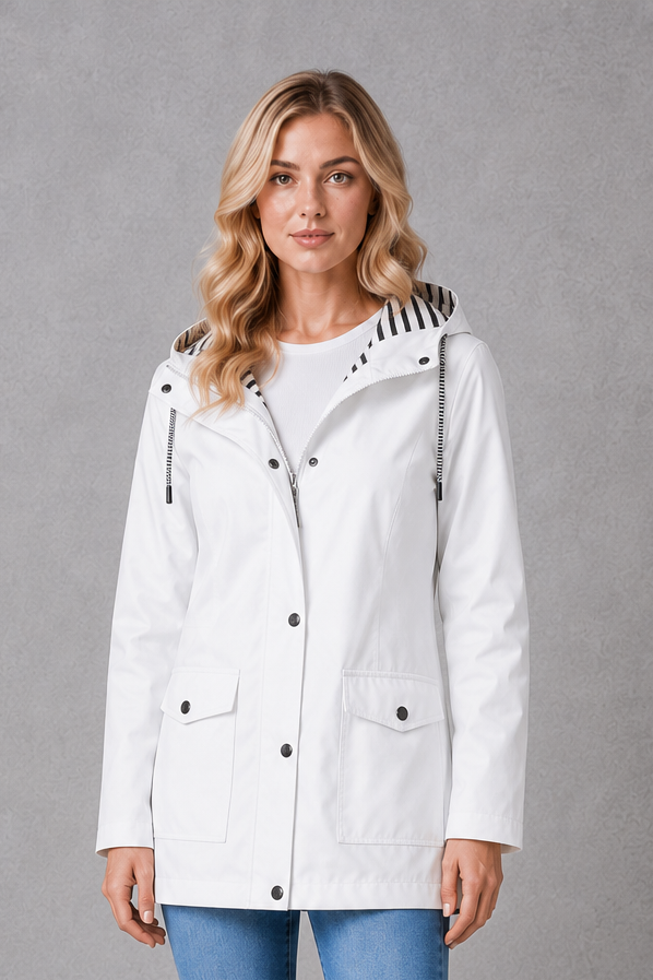 Women's waterproof and windproof hooded coat in a lightweight longline design with adjustable hood, weather-resistant fabric and a flattering regular fit, ideal for everyday wear, commuting and rainy British weather.