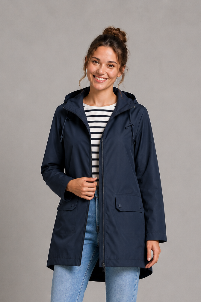Women's waterproof and windproof hooded coat in a lightweight regular fit, featuring an adjustable hood and flattering silhouette. Ideal for autumn and winter, this weather-resistant rain jacket offers reliable protection for commuting, countryside walks and everyday wear.