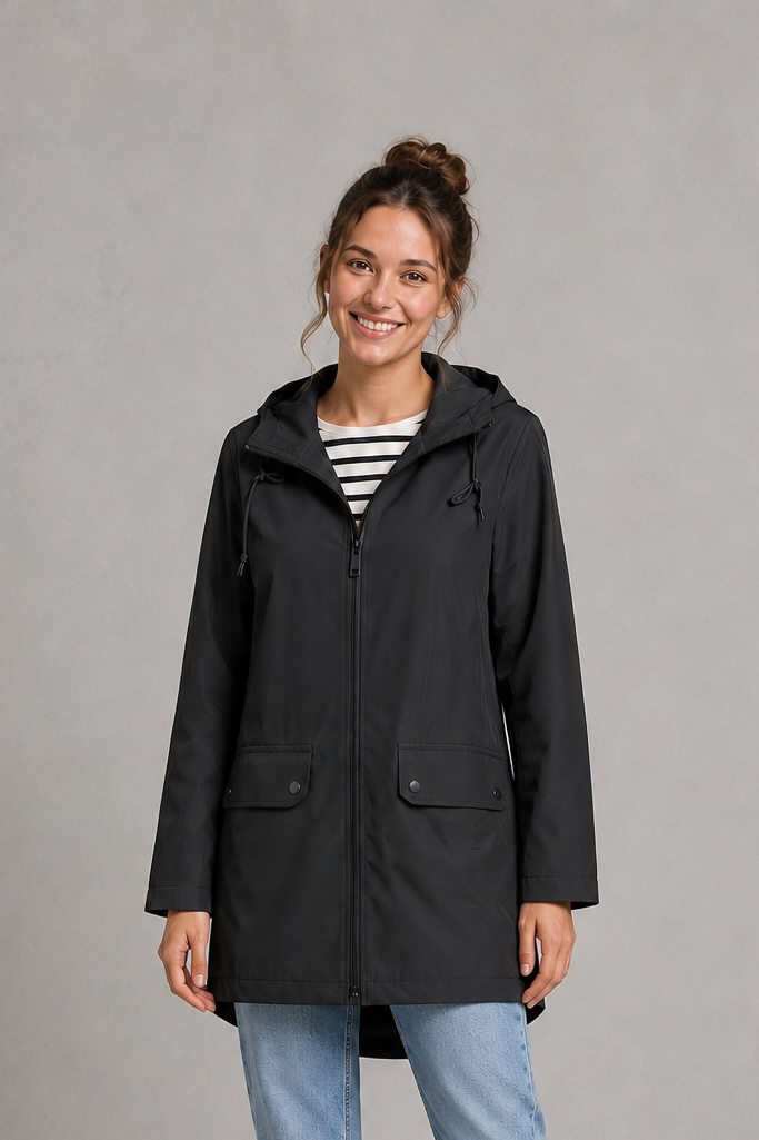 Women's waterproof and windproof hooded coat in a lightweight regular fit, featuring an adjustable hood and flattering silhouette. Ideal for autumn and winter, this weather-resistant rain jacket offers reliable protection for commuting, countryside walks and everyday wear.