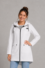 Women's waterproof and windproof hooded coat in a lightweight regular fit, featuring an adjustable hood and flattering silhouette. Ideal for autumn and winter, this weather-resistant rain jacket offers reliable protection for commuting, countryside walks and everyday wear.