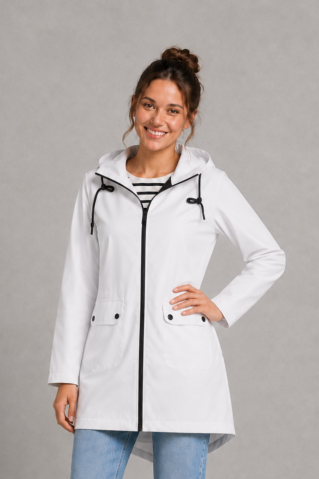 Women's waterproof and windproof hooded coat in a lightweight regular fit, featuring an adjustable hood and flattering silhouette. Ideal for autumn and winter, this weather-resistant rain jacket offers reliable protection for commuting, countryside walks and everyday wear.