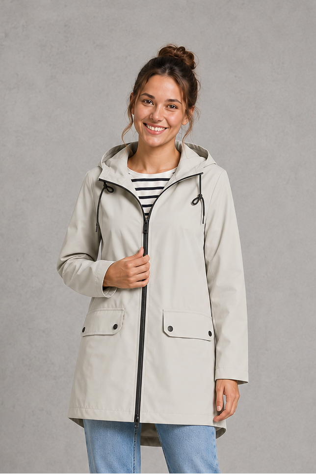 Women's waterproof and windproof hooded coat in a lightweight regular fit, featuring an adjustable hood and flattering silhouette. Ideal for autumn and winter, this weather-resistant rain jacket offers reliable protection for commuting, countryside walks and everyday wear.