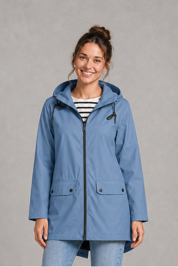 Women's waterproof and windproof hooded coat in a lightweight regular fit, featuring an adjustable hood and flattering silhouette. Ideal for autumn and winter, this weather-resistant rain jacket offers reliable protection for commuting, countryside walks and everyday wear.
