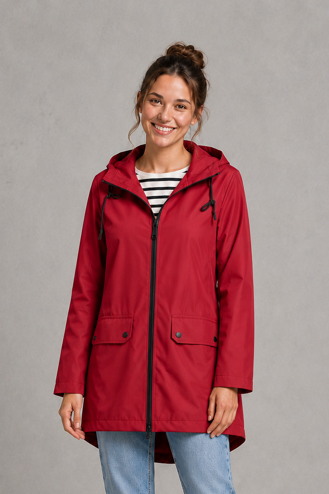Women's waterproof and windproof hooded coat in a lightweight regular fit, featuring an adjustable hood and flattering silhouette. Ideal for autumn and winter, this weather-resistant rain jacket offers reliable protection for commuting, countryside walks and everyday wear.