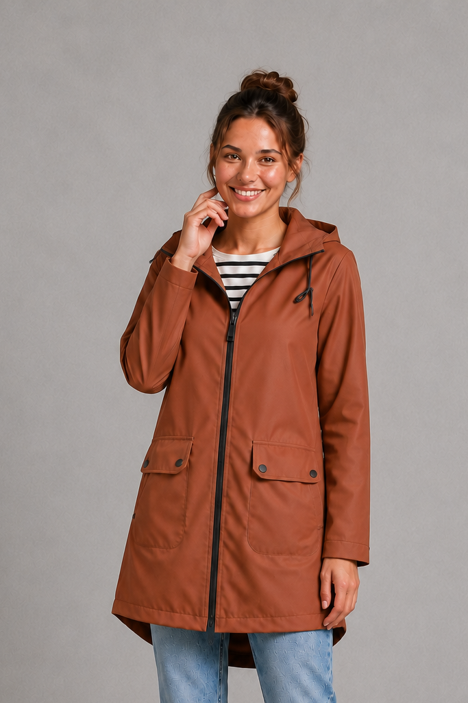 Women's waterproof and windproof hooded coat in a lightweight regular fit, featuring an adjustable hood and flattering silhouette. Ideal for autumn and winter, this weather-resistant rain jacket offers reliable protection for commuting, countryside walks and everyday wear.