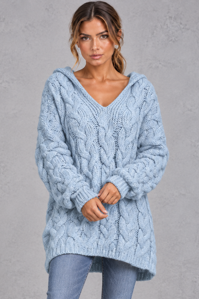 Women's light blue chunky cable knit hooded jumper with V-neck – front view