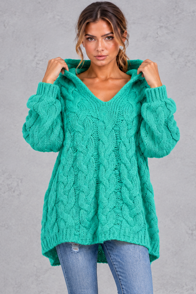 Women's jade green chunky cable knit hooded jumper with V-neck – front view