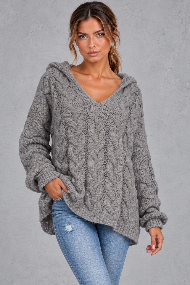 Women's dark grey chunky cable knit hooded jumper with V-neck – front view