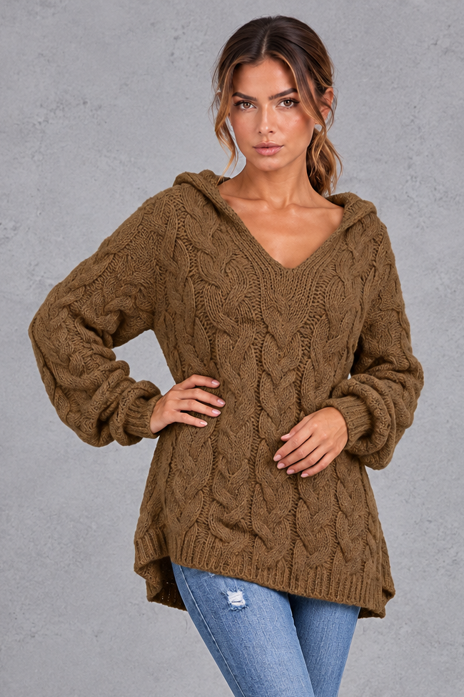 Women's brown chunky cable knit hooded jumper with V-neck – front view