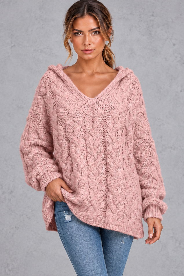 Women's rose chunky cable knit hooded jumper with V-neck – front view