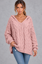 Women's rose chunky cable knit hooded jumper with V-neck – front view
