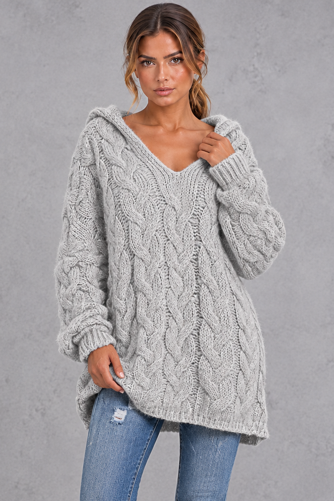 Women's silver chunky cable knit hooded jumper with V-neck – front view