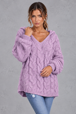 Women's lavender chunky cable knit hooded jumper with V-neck – front view