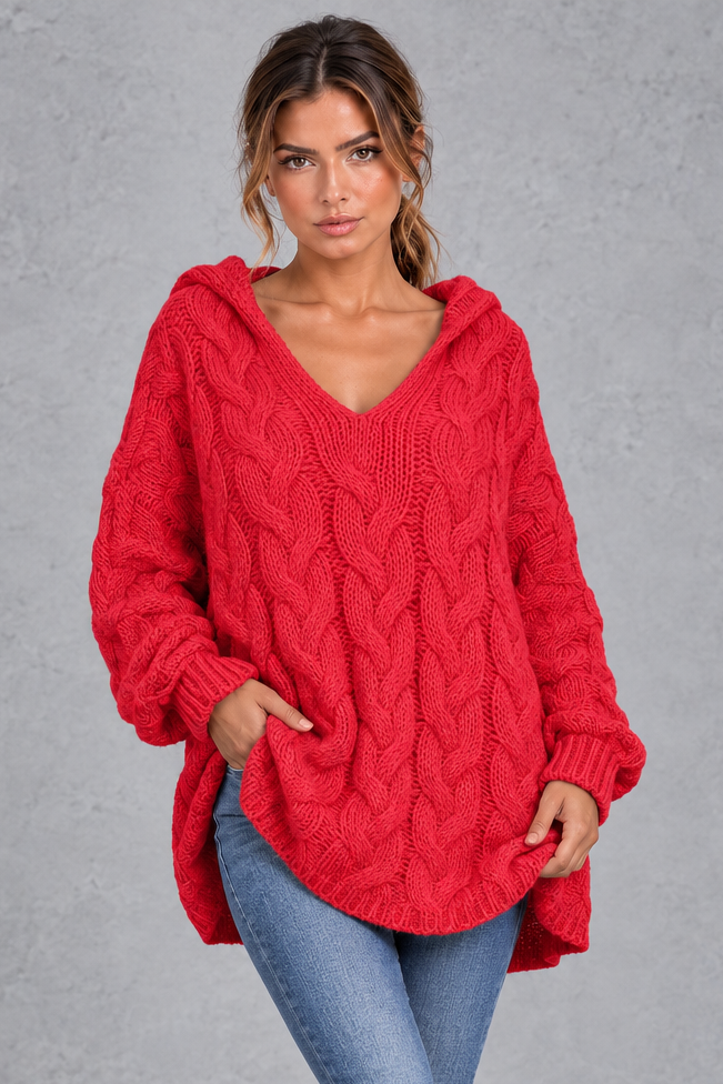 Women's red chunky cable knit hooded jumper with V-neck – front view