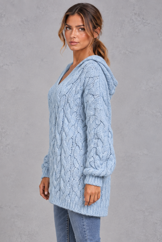 Women's light blue chunky cable knit hooded jumper – side view