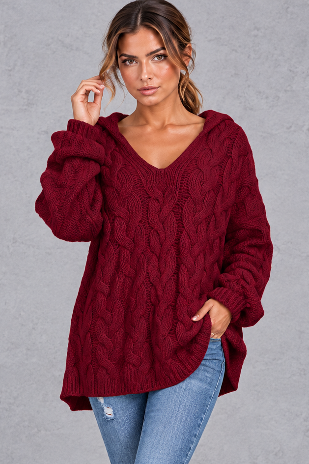 Women's burgundy chunky cable knit hooded jumper with V-neck – front view