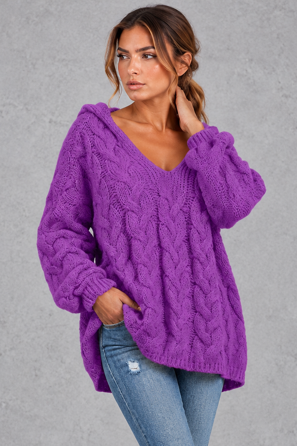 Women's dark purple chunky cable knit hooded jumper with V-neck – front view