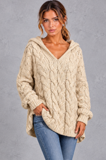Women's champagne chunky cable knit hooded jumper with V-neck – front view