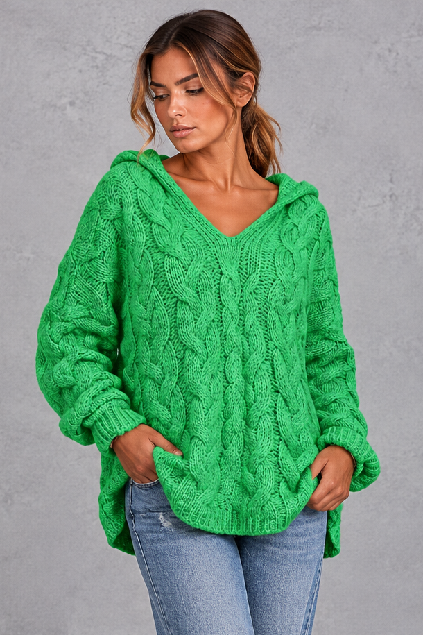 Women's green chunky cable knit hooded jumper with V-neck – front view