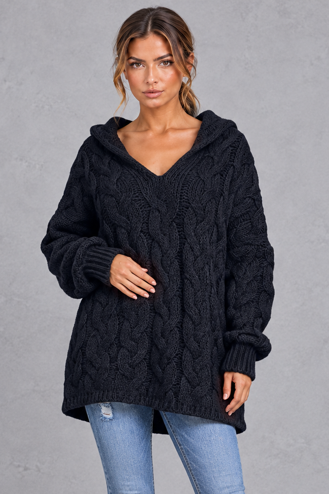 Women's black chunky cable knit hooded jumper with V-neck – front view