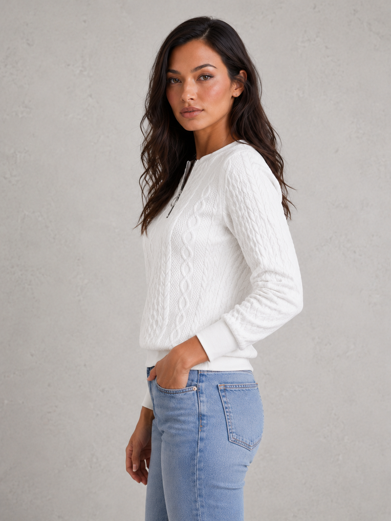 Women’s Zip-Front Cable Knit Jumper for Casual & Everyday Wear