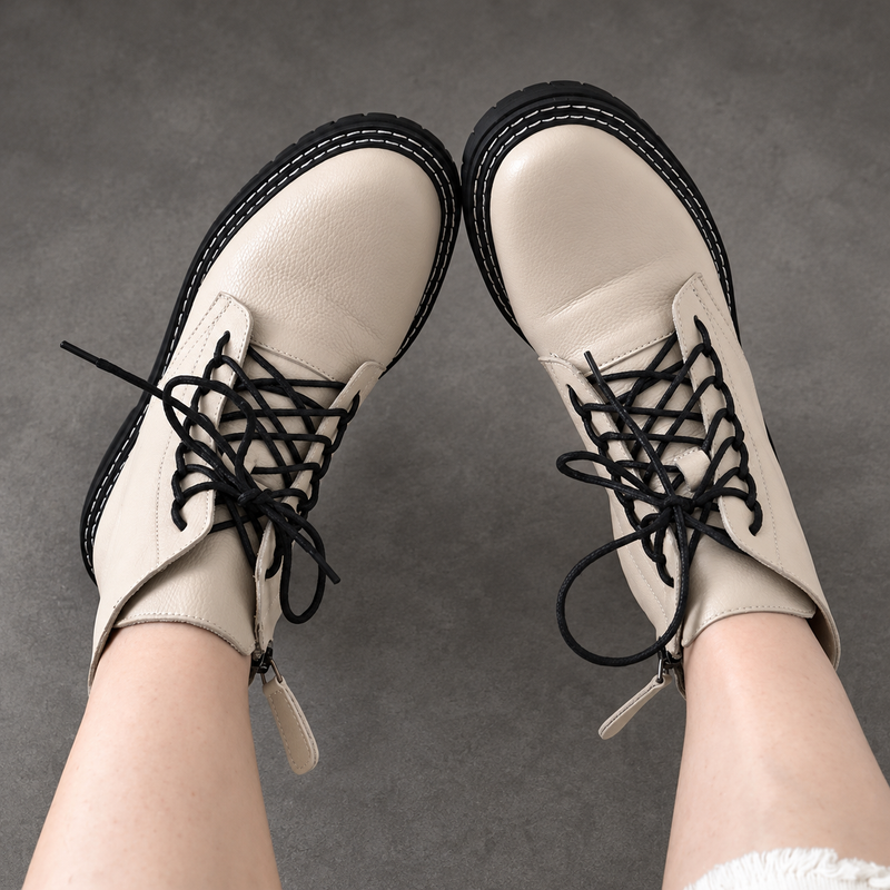 Women’s Leather Lace-Up Ankle Boots – Side Zip Chunky Sole Winter Shoes – Beige – top view