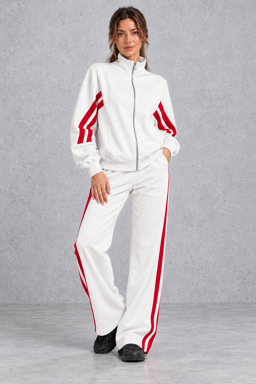 Women's white zip-up tracksuit set with red side stripes – front view