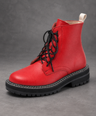 Women’s Leather Lace-Up Ankle Boots – Side Zip Chunky Sole Winter Shoes – Red – side angle view