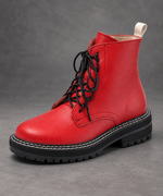Women’s Leather Lace-Up Ankle Boots – Side Zip Chunky Sole Winter Shoes – Red – side angle view