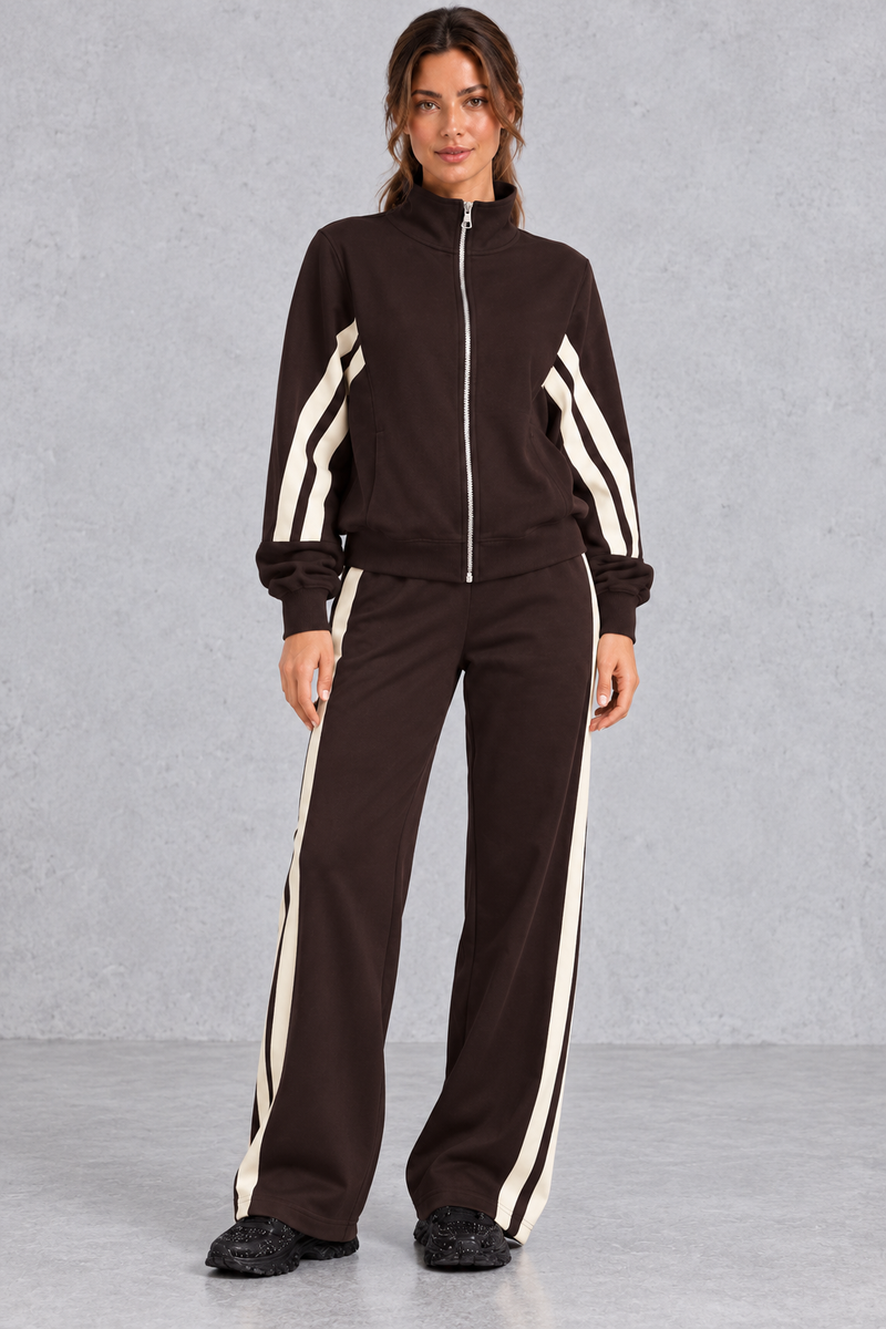 Women's brown zip-up tracksuit set with cream side stripes – front view
