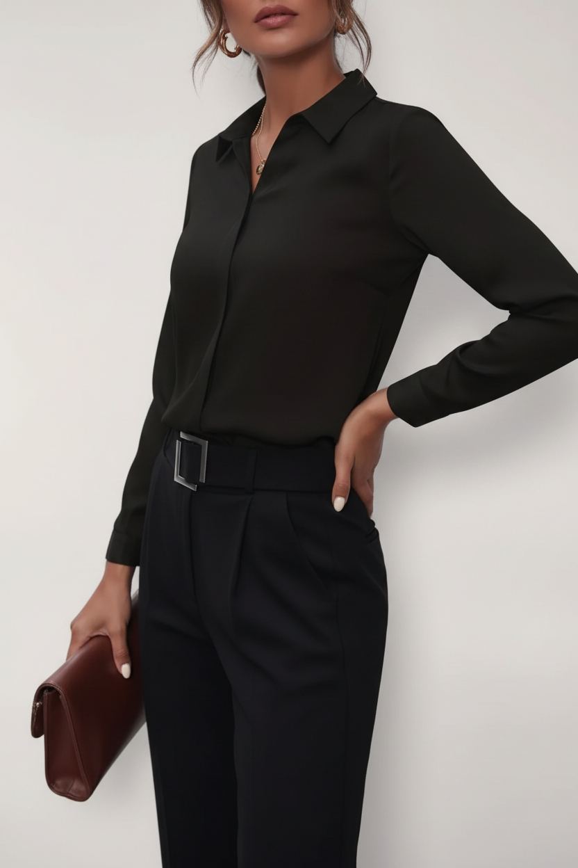 Person wearing a black shirt with a belt against a white background