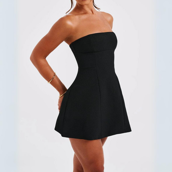 Black strapless dress on a white background